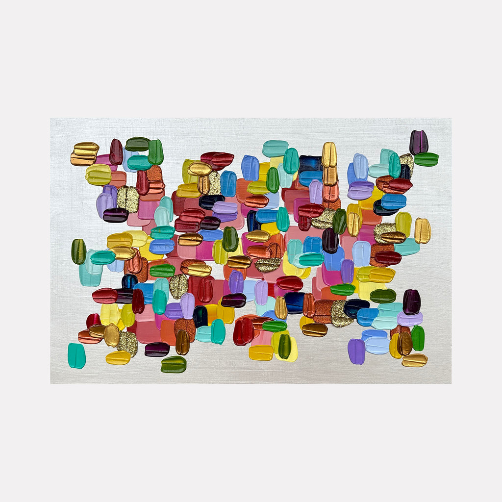 Warmth by Shiri Phillips captures a vibrant mosaic of thick, oval brushstrokes in rich reds, greens, blues, purples, and golds. The textured abstract pattern creates a lively interplay of layered shapes, evoking a radiant energy and tactile depth within a contemporary composition.