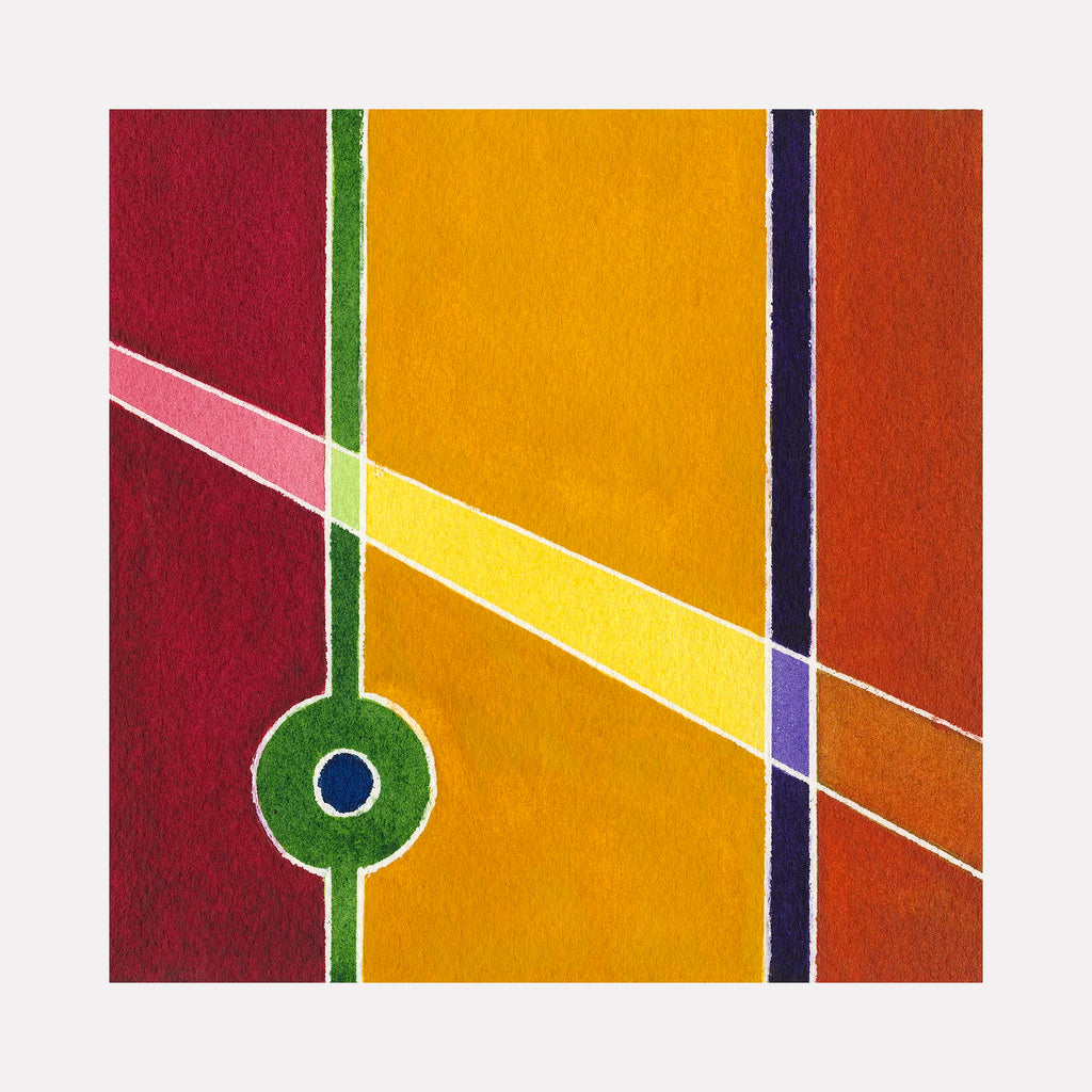 The artwork 'Warmth' by Arthur Norcome features geometric abstract watercolor composition with bold vertical stripes in burgundy, golden yellow, and rust orange, intersected by diagonal light pink lines. A distinctive green circular element with navy blue center adds focal interest against vertical color blocks. 5x5 inches watercolor painting.