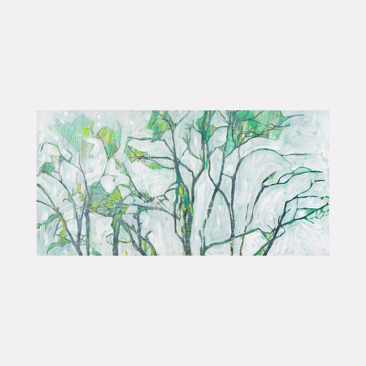 The artwork "White Haze Trees" by Lisa Warren depicts delicate tree branches with intertwining limbs against a soft, misty background of pale whites and muted greens. The textured brushstrokes and subtle layering evoke a dreamy, impressionistic style reminiscent of Claude Monet’s landscapes, blending organic forms with ethereal atmospheres.