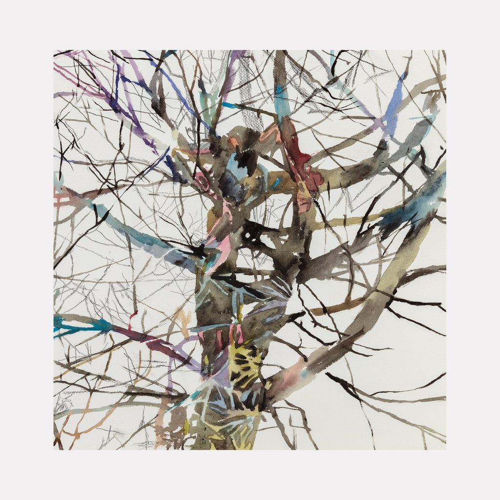 The artwork "Watercolor Tree" by Lisa Warren features an intricate network of tree branches rendered in soft watercolor strokes. The palette includes muted browns, blues, purples, and earthy greens, creating a delicate and airy texture reminiscent of works by John Singer Sargent and the fluidity found in Chinese ink wash paintings.