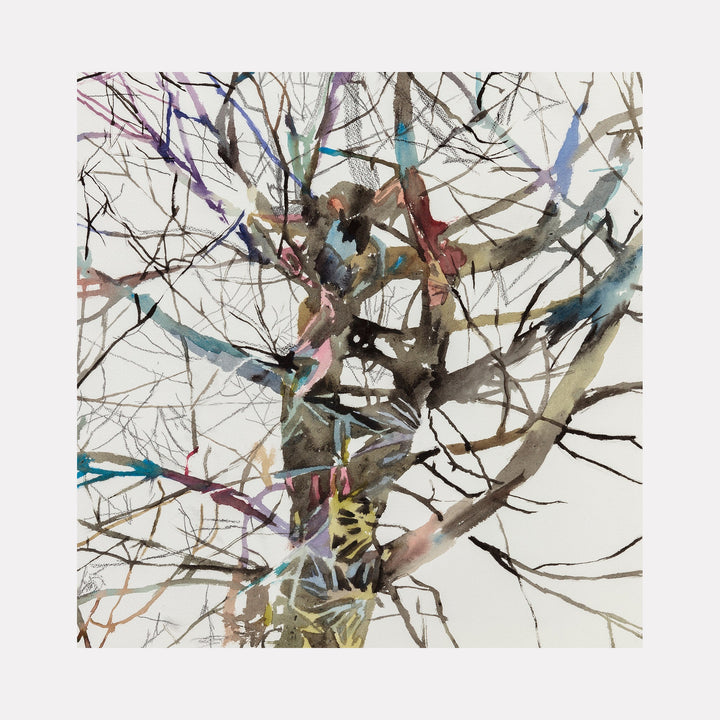 The artwork "Watercolor Tree" by Lisa Warren features an intricate network of tree branches rendered in soft watercolor strokes. The palette includes muted browns, blues, purples, and earthy greens, creating a delicate and airy texture reminiscent of works by John Singer Sargent and the fluidity found in Chinese ink wash paintings.