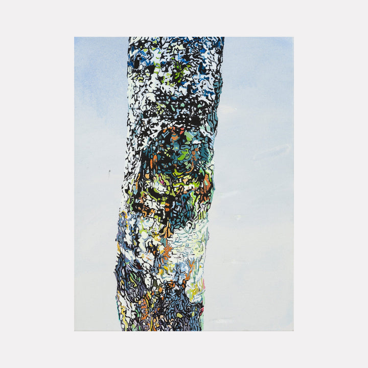 The artwork "Fille Tree" by Lisa Warren features a close-up depiction of a tree trunk with intricate, layered patterns in blue, gray, green, and orange tones against a soft blue sky. The textured, organic forms evoke a contemporary abstraction reminiscent of the detailed surface explorations found in Jean Dubuffet and the naturalistic focus of Anselm Kiefer.