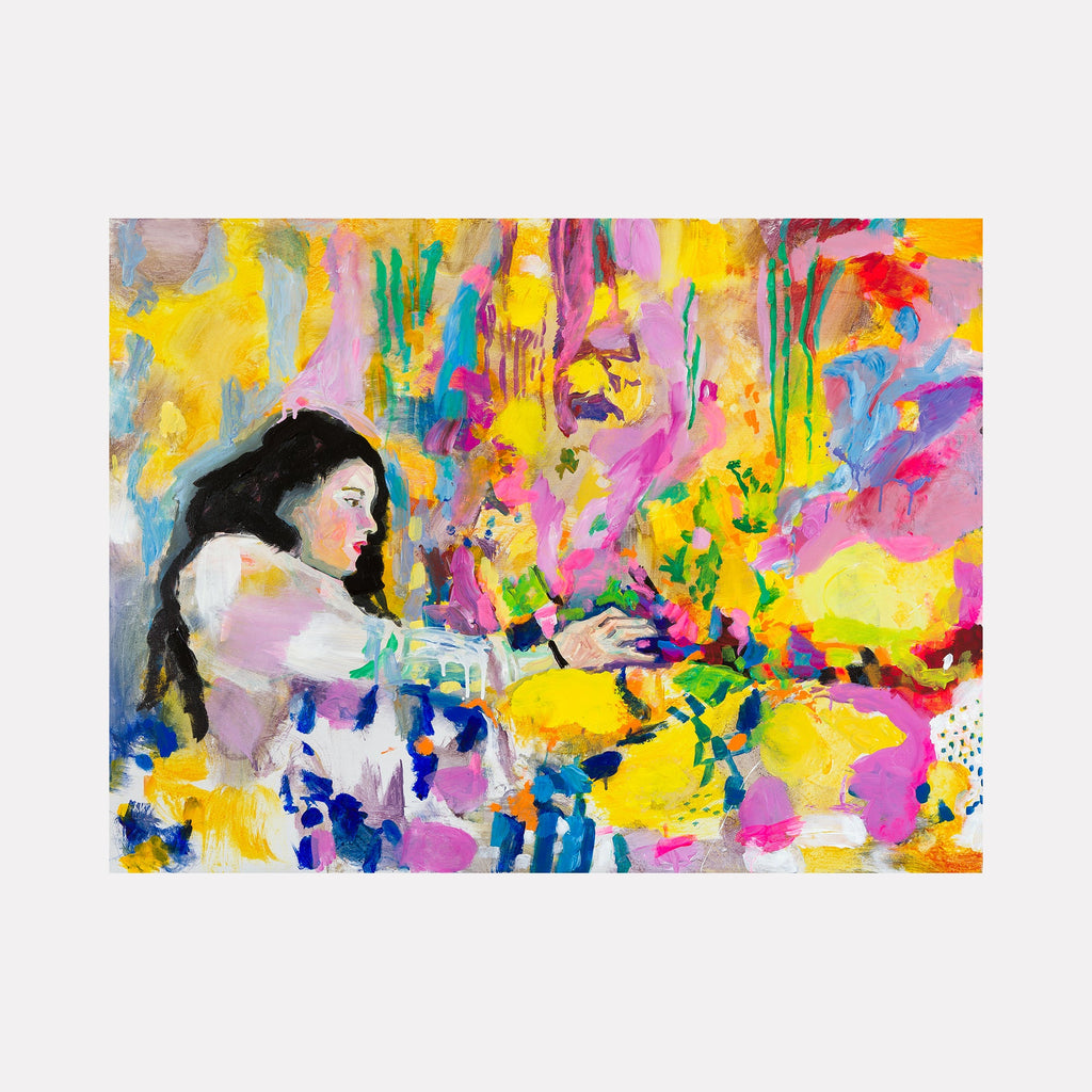 The artwork "The Dream" by Lisa Warren features an abstract figurative composition with a woman reaching forward amidst vibrant swaths of yellow, pink, and blue. The textured brushwork and layered colors evoke the expressive abstraction of Joan Mitchell and the dreamy figuration reminiscent of early Egon Schieleâ€™s emotive intensity.