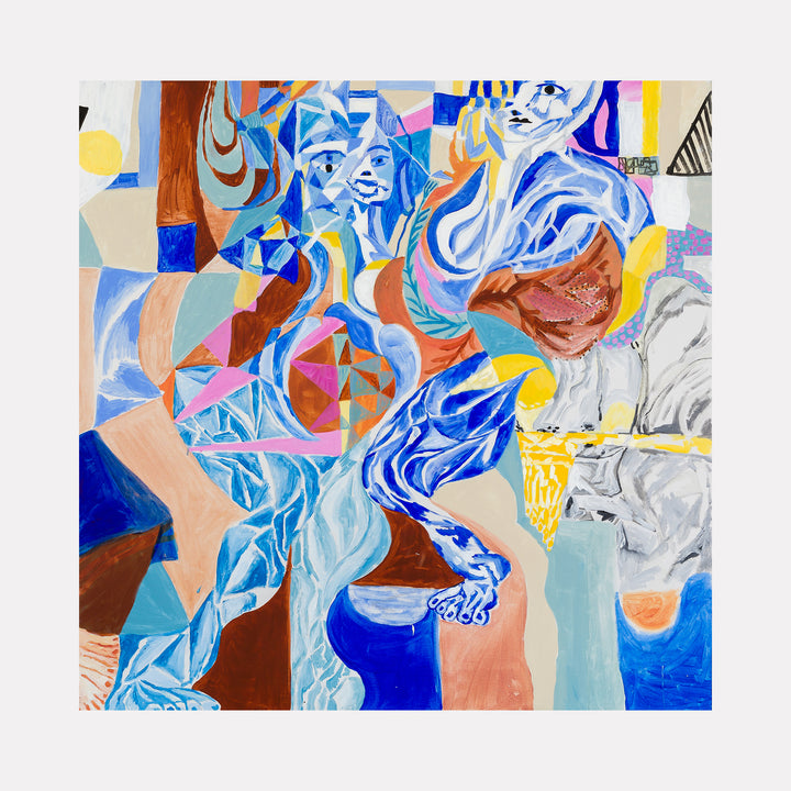 The artwork "Enmesh" by Lisa Warren features an abstract composition with intertwined figures rendered in dynamic shades of blue, brown, and peach tones. The layered, fragmented forms and geometric patterns evoke a sense of complexity and movement, reminiscent of Pablo Picassoâ€™s Cubist explorations and the expressive fluidity found in Wifredo Lamâ€™s works.