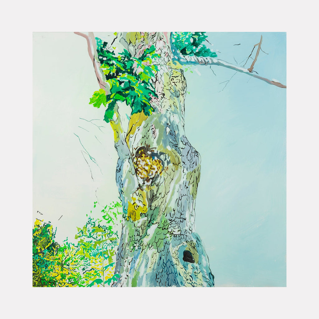 The artwork "Two Limbs" by Lisa Warren features a detailed, vertical composition of a tree trunk with textured bark in muted greens, blues, and browns, accented by vibrant green foliage against a soft blue sky. The organic forms and delicate line work evoke a naturalistic yet abstract style reminiscent of David Hockneyâ€™s landscape paintings and the botanical precision of Rachel Ruysch.