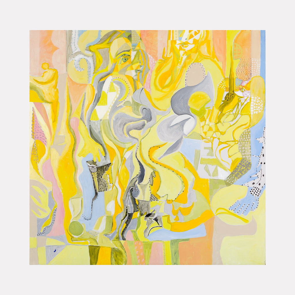 The artwork "Peach Light" by Lisa Warren features an abstract composition of fluid, interwoven shapes in soft peach, yellow, gray, and white tones. The layered, textured forms create a dynamic sense of movement, evoking the surreal abstraction of Joan MirÃ³ and the delicate color harmonies reminiscent of Helen Frankenthalerâ€™s luminous washes.