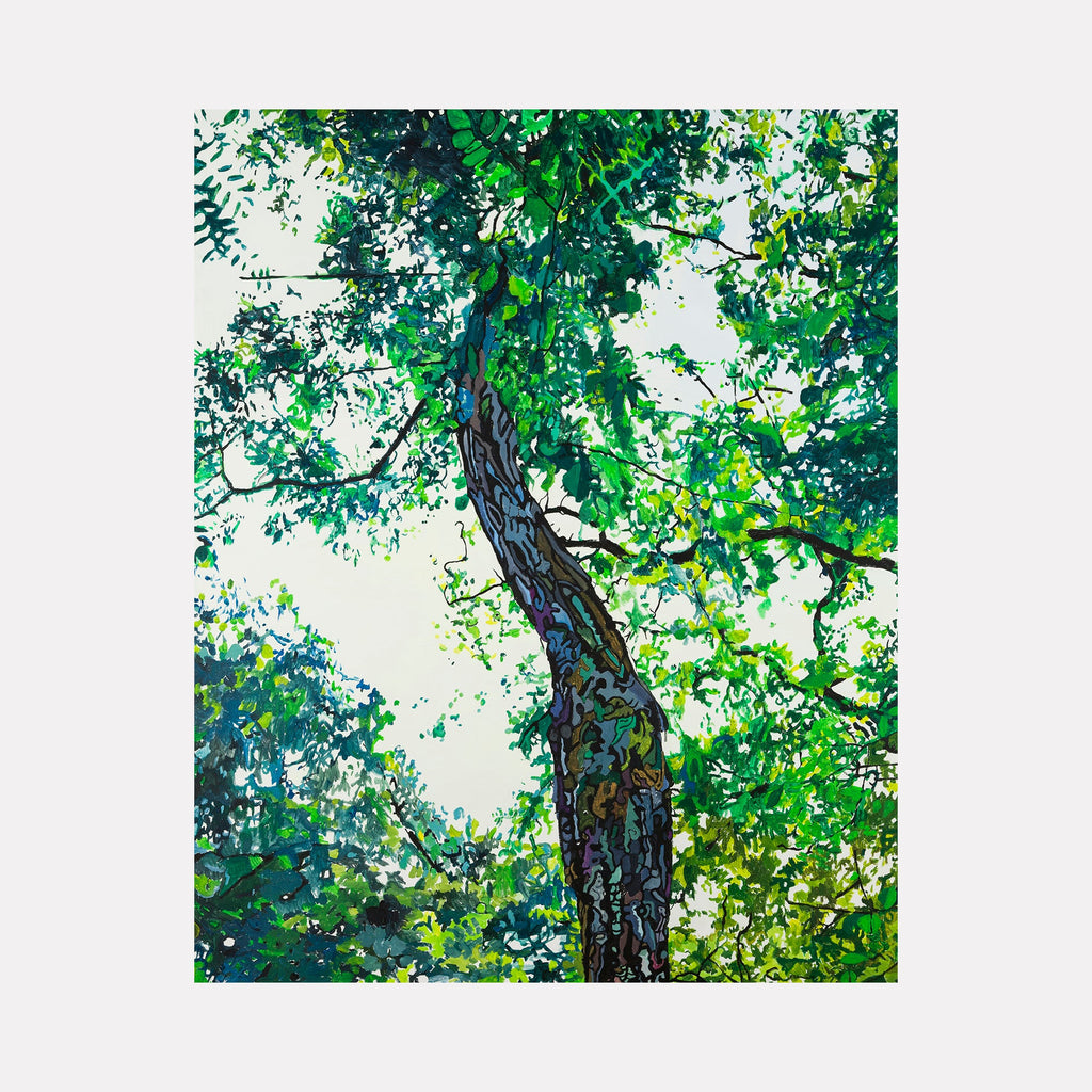The artwork "Untitled" by Lisa Warren features a vibrant nature scene focusing on a tree trunk ascending amidst dense, lush green foliage. The textured brushstrokes and layered shades of green evoke an immersive, organic quality reminiscent of the detailed naturalism found in works by Gustav Klimt and the color vibrancy seen in Emily Carrâ€™s forest landscapes.