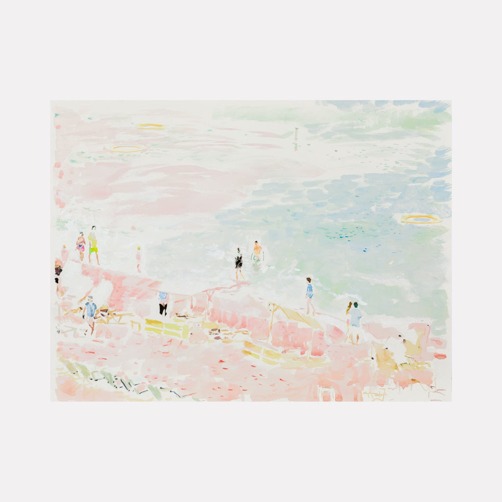 The artwork "Beach" by Lisa Warren depicts a serene coastal scene with pastel hues of pink, blue, and soft green. The composition features loosely rendered figures scattered along the shoreline and rocky terrain, evoking an impressionistic style reminiscent of early 20th-century painters like Mary Cassatt and Claude Monet. The textures are light and airy, with a watercolor-like softness that captures the gentle atmosphere of a peaceful day at the