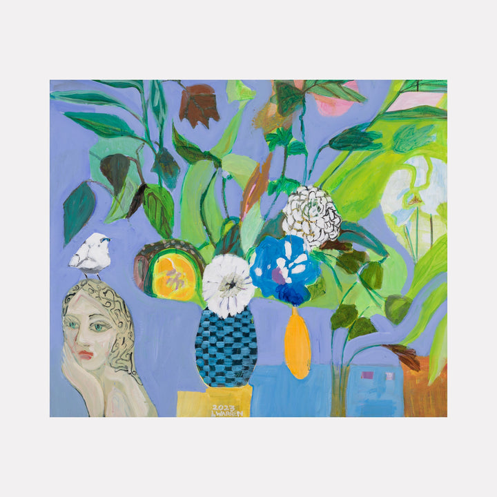 The artwork "Lavendar Light Bouquet" by Lisa Warren features a vibrant still life with an abstract arrangement of lush greenery and flowers in bold colors against a soft lavender background. The composition includes a figure with a contemplative expression and a white bird perched on its head, evoking a whimsical, modern style reminiscent of Henri Matisse’s use of color and form.