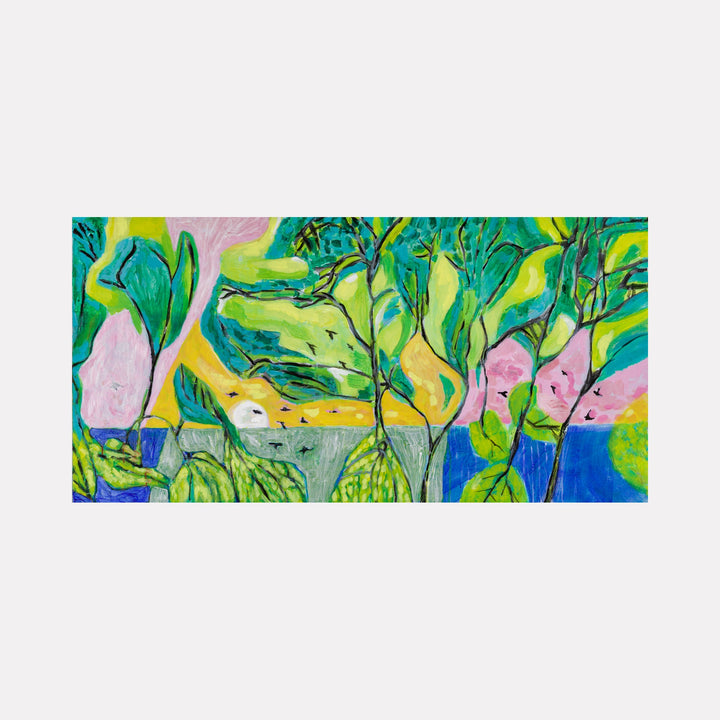 The artwork "Along the Path" by Lisa Warren features an abstract landscape with vibrant green, yellow, pink, and blue hues. It depicts stylized trees and foliage with fluid lines and layered textures reminiscent of Henri Matisse’s cut-outs and the organic forms of Paul Klee. The composition evokes a serene, dreamlike natural scene.