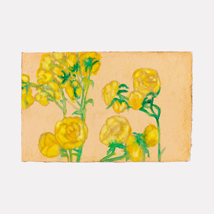 The artwork "Yellow Roses" by Lisa Warren features delicate clusters of bright yellow roses with soft green stems set against a warm beige background. The style is reminiscent of botanical illustrations with a gentle watercolor texture, evoking the serene floral compositions seen in works by Georgia O'Keeffe and Mary Fedden.