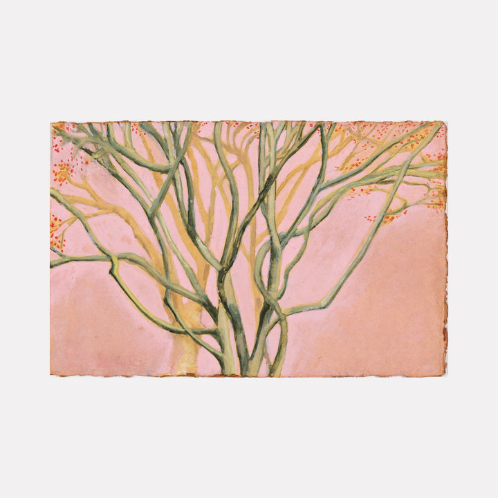 The artwork "Pink Tree Light" by Lisa Warren depicts a delicate tree with intertwining green branches set against a soft, pastel pink background. The piece uses gentle brushstrokes and a muted color palette that evokes the subtle luminosity found in Impressionist works reminiscent of Claude Monet’s atmospheric landscapes.