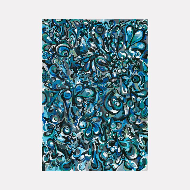 The artwork "Water" by Kaitlin Andrews features an intricate abstract composition of swirling and droplet-like shapes in various shades of blue, teal, and black, evoking the fluidity and movement of water. The textured patterns create a dynamic and layered visual effect, highlighting the natural flow and depth of aquatic elements. Vendor: Kaitlin Andrews.