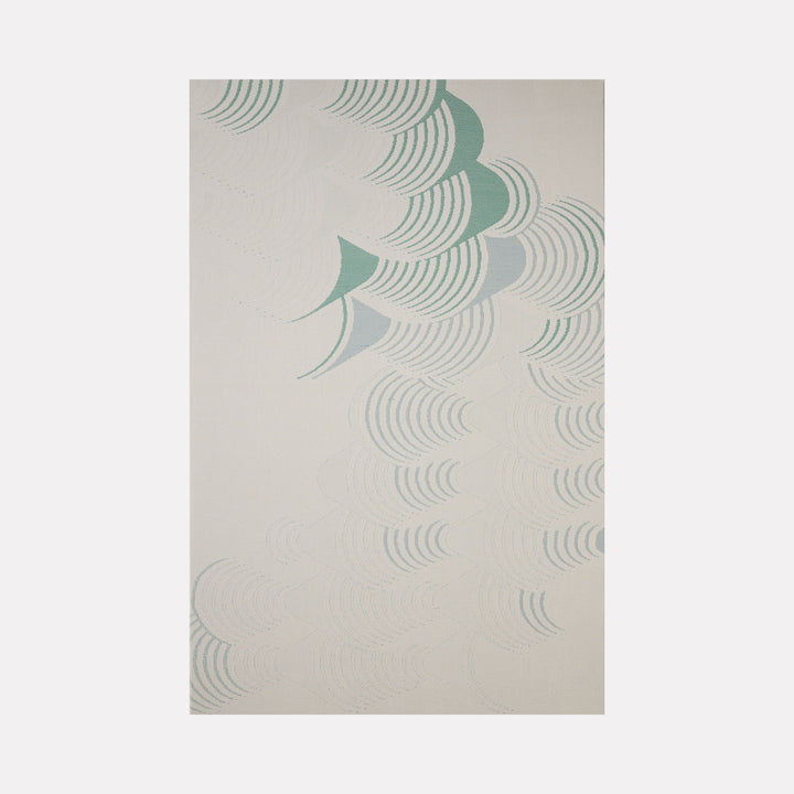 Waveform Drift (#3) by Craftwork presents a gentle abstract pattern of soft blue and green arcs on a light neutral background, evoking a sense of flowing movement and calm in a refined, modern art style.