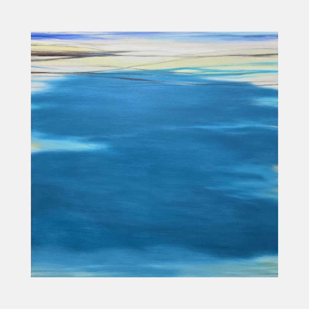 The artwork 'Waves #114' by Bob Melzmuf captures serene ocean-inspired abstract landscape with vibrant azure blues dominating the canvas. Horizontal bands of soft cream and pale turquoise stretch across the upper portion, creating a dreamy horizon effect. The brushstrokes convey fluid movement reminiscent of gentle ocean waves on a calm day.