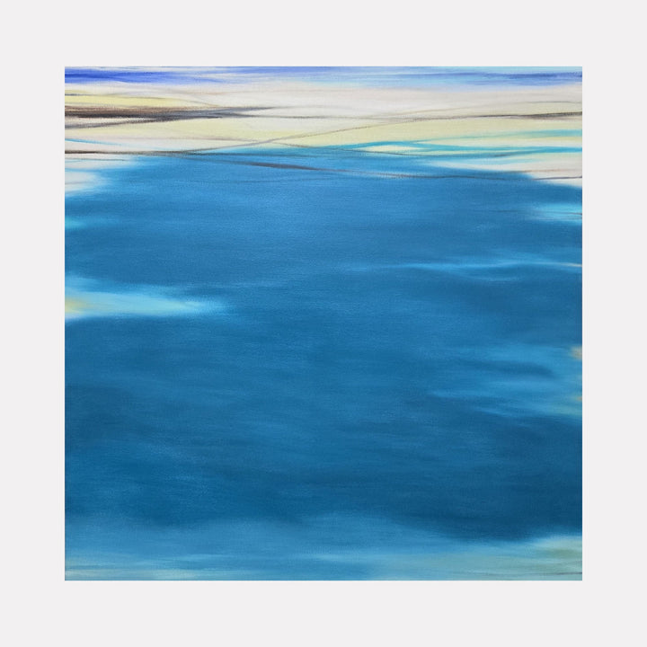 The artwork 'Waves #114' by Bob Melzmuf captures serene ocean-inspired abstract landscape with vibrant azure blues dominating the canvas. Horizontal bands of soft cream and pale turquoise stretch across the upper portion, creating a dreamy horizon effect. The brushstrokes convey fluid movement reminiscent of gentle ocean waves on a calm day.