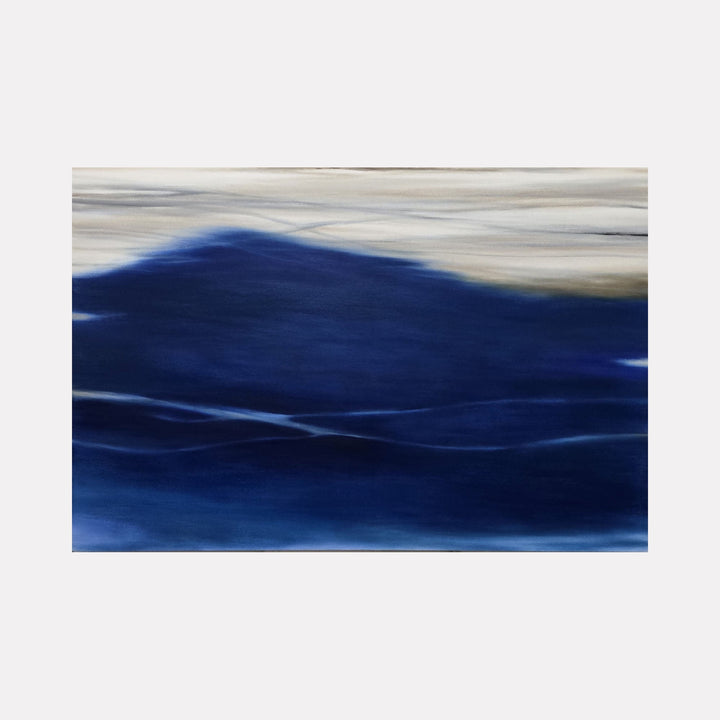 The artwork 'Waves #116' by Bob Melzmuf captures a mesmerizing seascape with deep navy blue waves rolling beneath a misty white sky. The oil painting depicts fluid, horizontal brushstrokes creating a sense of movement and tranquility, with subtle variations in blue tones suggesting depth and motion in the water.