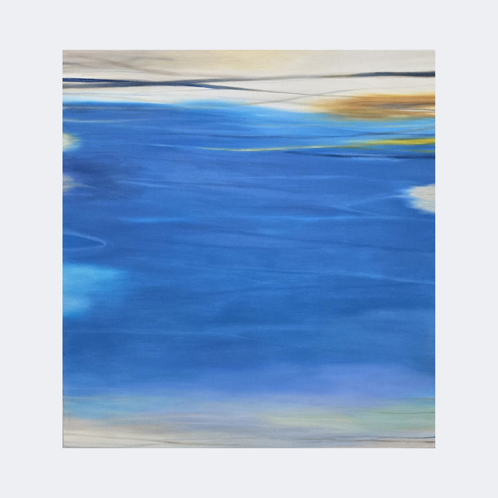 The artwork "Waves #120" by Bob Melzmuf features an abstract seascape with sweeping, fluid blue tones that evoke the movement of water. Soft beige and golden hues blend into the composition, creating a serene atmosphere reminiscent of works by Gerhard Richter and Helen Frankenthaler, highlighting texture and layered brushstrokes in a contemporary style.