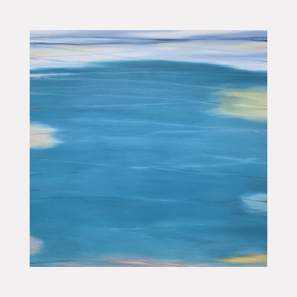 The artwork "Waves #124" by Bob Melzmuf features smooth, flowing shades of blue with subtle touches of yellow, white, and soft peach, evoking a tranquil oceanic scene. Its abstract, fluid brushstrokes and layering recall the serene style of Claude Monet’s water lilies and Mark Rothko’s color field paintings, emphasizing texture and calm movement.