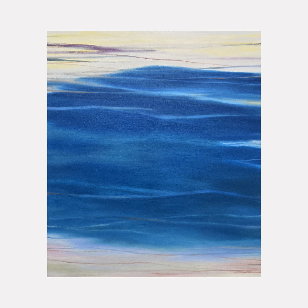 The artwork "Waves #125" by Bob Melzmuf captures the serene movement of ocean waves with rich, layered blues and subtle gradients reminiscent of the fluid abstraction found in works by Helen Frankenthaler, blending soft textures and smooth transitions that evoke a calming, contemplative seascape atmosphere.