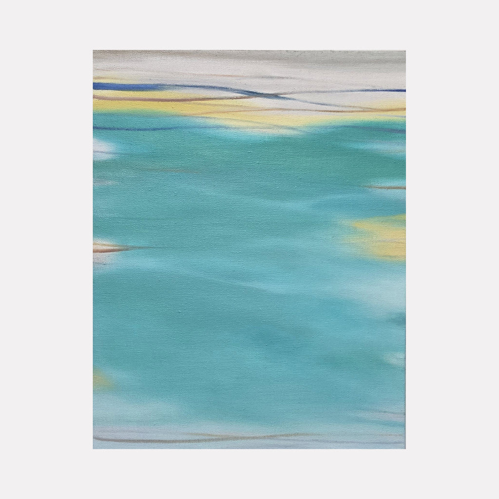 Waves #126 by Bob Melzmuf features a soothing blend of soft blues and muted yellows, evoking gentle water reflections. The smooth, fluid transitions between colors create a tranquil, airy scene with subtle horizontal lines that suggest calm movement in an abstract, contemplative style.