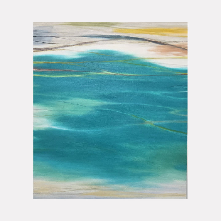 Waves #128 by Bob Melzmuf features a serene abstract scene with fluid, layered brushstrokes in rich teal and soft turquoise hues, accented by subtle earth tones and gentle gradients. The composition evokes a tranquil, flowing movement reminiscent of water currents, blending smooth textures with a calming, modern aesthetic.