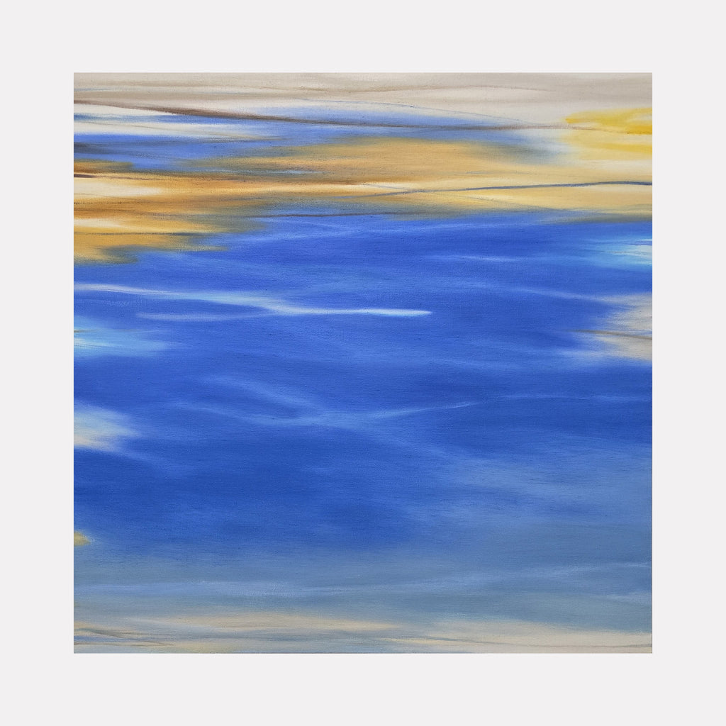 Waves #129 by Bob Melzmuf captures a serene abstract seascape with flowing blue tones interspersed with soft golden and beige streaks. The smooth, horizontal blending evokes the gentle movement of water under a warm light, creating a peaceful and meditative coastal atmosphere in a refined modern style.
