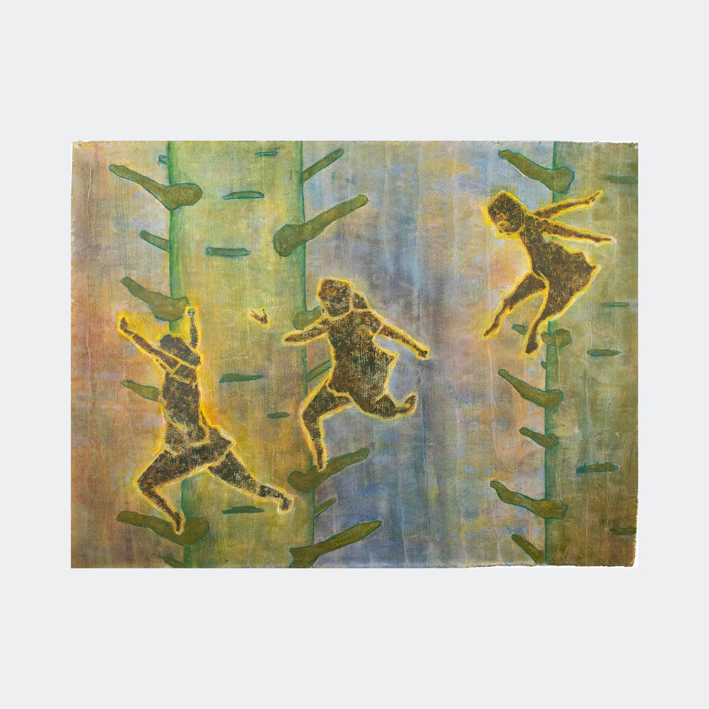 The artwork "We Were Tired of Living in a House" by Patrick Bower features three silhouetted figures in motion, seemingly floating or running across a textured background of muted green and blue vertical lines resembling tree trunks. The figures glow with a warm yellow outline, evoking a dreamlike, surreal atmosphere reminiscent of the expressive styles of Edvard Munch and the abstract forms of Henri Matisse.