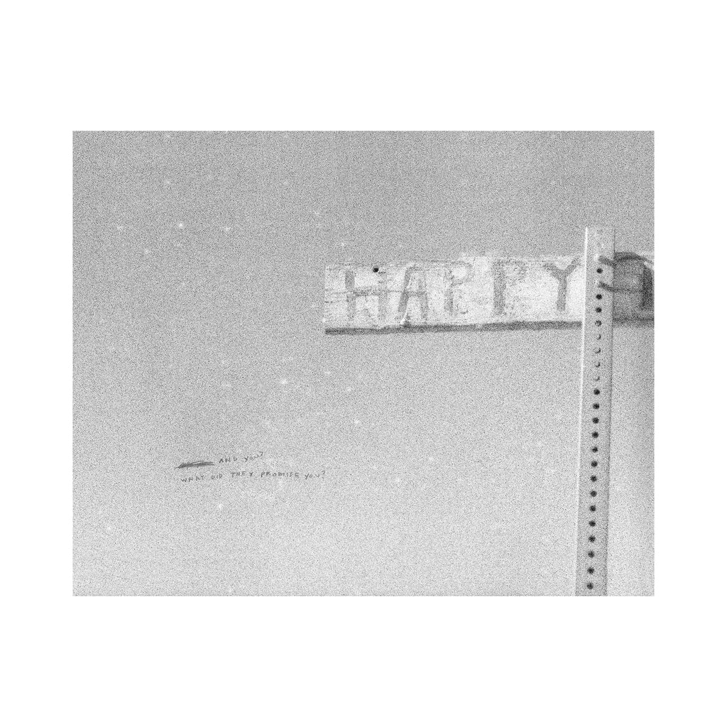 The artwork "What Did They Promise You" by Kelly McGovern features a black and white photograph with a weathered wooden sign displaying faded letters, partially spelling "HAPPY," mounted on a metal post. The image has a grainy texture and an abstract, minimalist style.