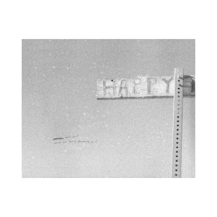 The artwork "What Did They Promise You" by Kelly McGovern features a black and white photograph with a weathered wooden sign displaying faded letters, partially spelling "HAPPY," mounted on a metal post. The image has a grainy texture and an abstract, minimalist style.