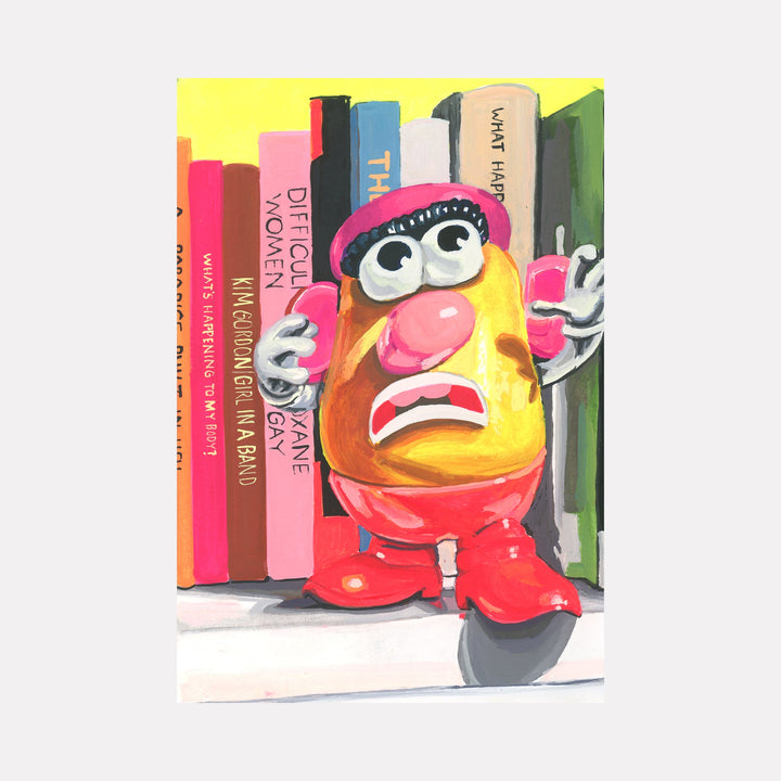 The artwork "What's Happening" by Mary Younkin features a vibrant, cartoon-style character resembling a classic toy figure with exaggerated eyes, a pink hat, red boots, and expressive hands, set against a colorful backdrop of vertical books with bold titles. The playful composition echoes the whimsical style of pop art icons like Roy Lichtenstein. Mary Younkin