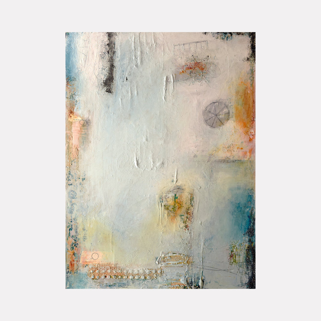 The artwork "Wheels of Life" by Deborah Chaney features a soft, textured abstract composition with muted tones of white, blue, peach, and gray. Subtle circular and linear shapes evoke a delicate interplay of form reminiscent of Cy Twombly’s gestural abstraction and the layered subtlety found in Mark Rothko’s works, delivering a serene yet dynamic visual experience.