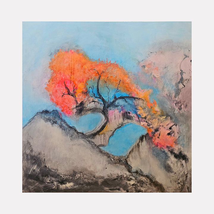 When Dreams Took Root by Janyce Erlich-Moss is a Curina art piece depicting a surreal tree with vibrant orange and pink foliage growing from rocky terrain under a soft blue sky, blending textured, organic forms with ethereal, dreamlike atmosphere.