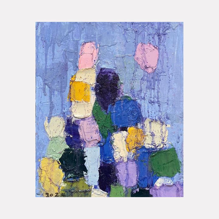 The artwork "When Tears are Rewarded and Nourish the Soul" features an abstract composition with textured, layered blocks of pastel and bold colors including lavender, pink, yellow, green, blue, and cream on a muted purple background. The painterly style conveys emotion through thick brushstrokes and dripping effects. By Ayane Kurai.