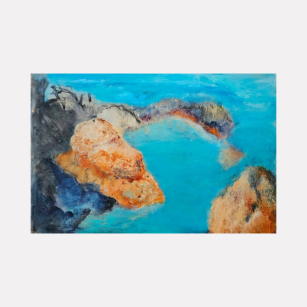 Where The Ocean Held Its Breath by Janyce Erlich-Moss is a Curina art piece depicting an abstract seascape with vibrant turquoise waters, textured orange and beige rock formations, and dark accents that evoke the serene yet powerful presence of the ocean’s edge.