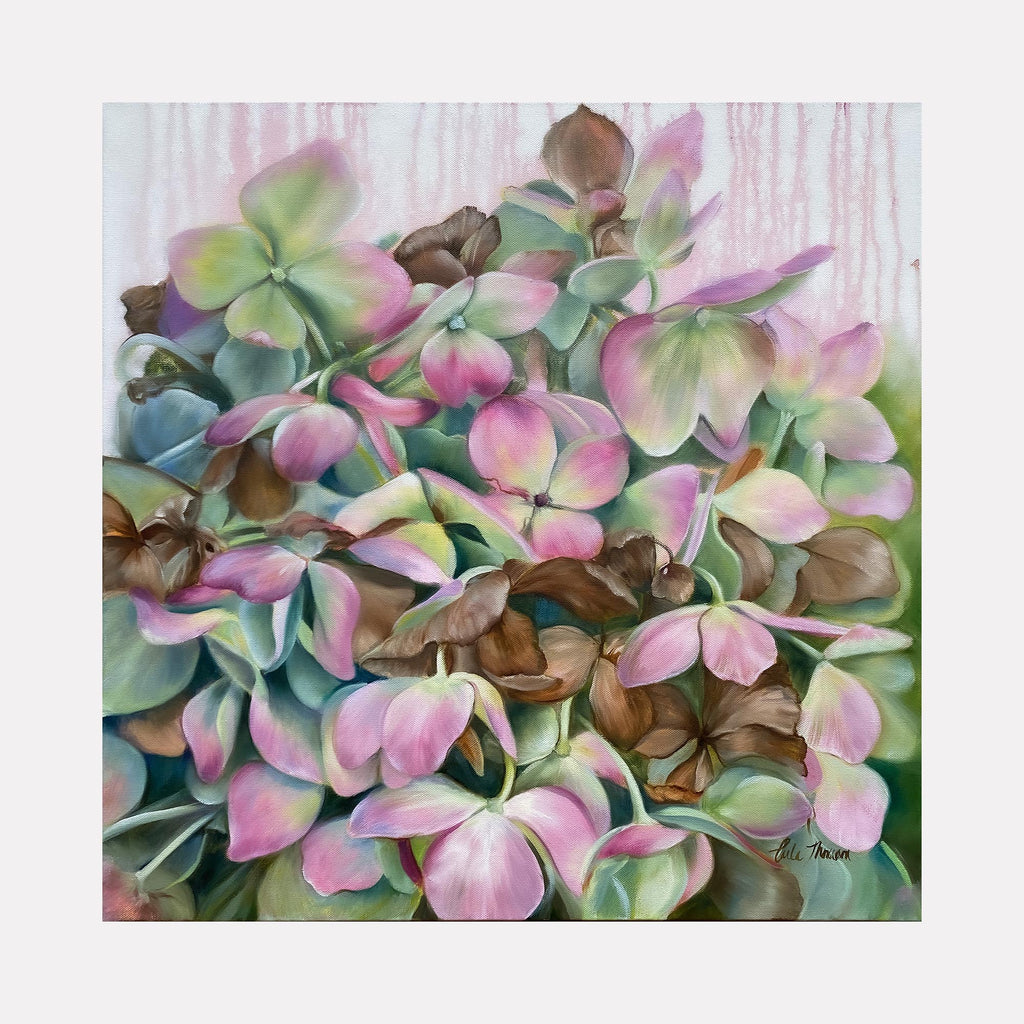 The artwork "Whispers Of Time" by Carla Thomson features a delicate arrangement of pastel-hued petals and leaves, blending soft greens, pinks, purples, and browns with a smooth, almost translucent texture. Its dreamy, impressionistic style echoes the floral softness found in works by Georgia O'Keeffe and Claude Monet.