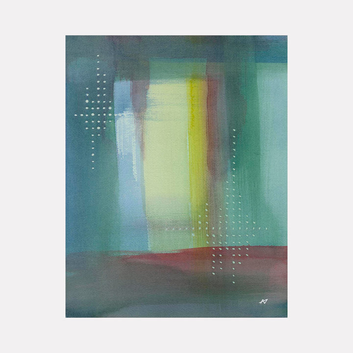 The artwork 'Whispers' by Arthur Norcome features an abstract watercolor composition with ethereal teal, yellow, and burgundy tones. Vertical bands of color blend softly, while delicate white dotted patterns create geometric accents against a misty background. The 14x11 inch piece conveys a dreamy, atmospheric quality through translucent layering techniques.