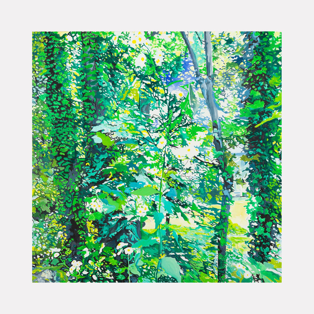The artwork "Wild Daisies, Yellow Blue Light" by Lisa Warren features a lush, densely layered forest scene dominated by vibrant greens and bright patches of yellow and blue light filtering through foliage. The textured, impressionistic brushwork evokes the natural vibrancy and luminescence reminiscent of Claude Monetâ€™s garden scenes and the intricate detail seen in Emily Carrâ€™s forest landscapes.