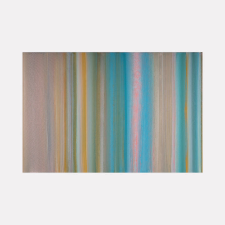 The artwork "Floating World 23" by Willy Bo Richardson features vertical bands of muted browns, teal blues, soft pinks, and grays blending with smooth, textured brushstrokes. The layered, serene composition evokes a contemplative landscape mood, reminiscent of Mark Rothko’s color fields and the subtle abstraction of Agnes Martin’s minimalist style.