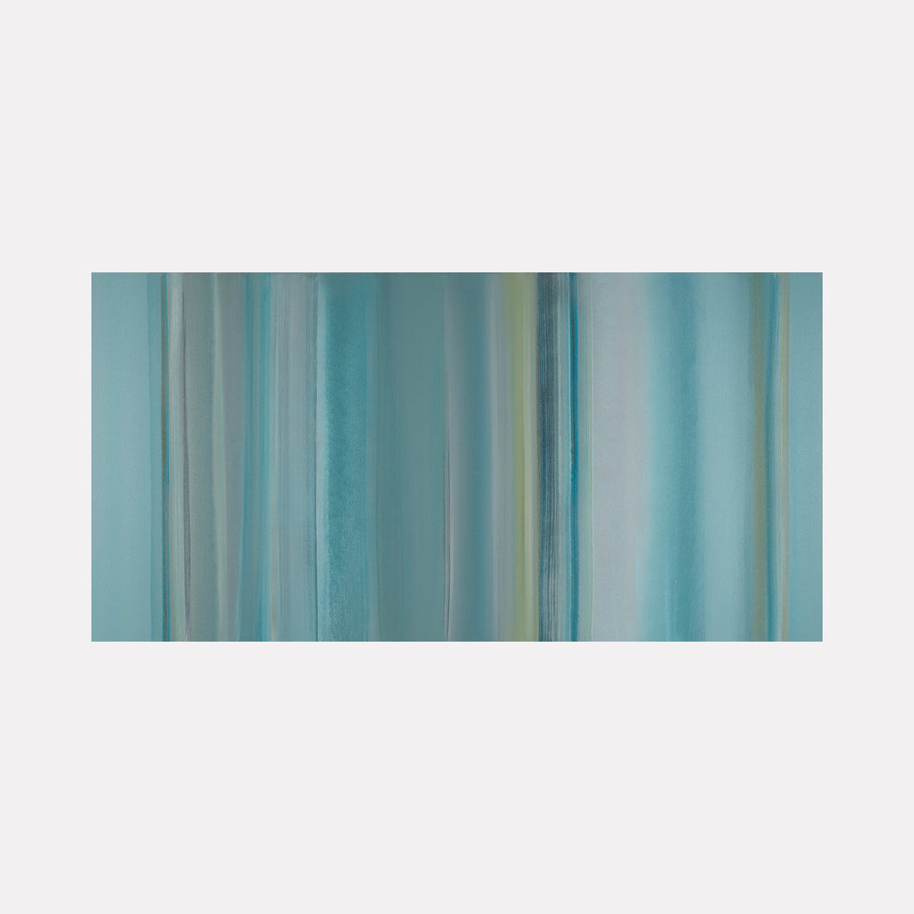 The artwork "Floating World 24" by Willy Bo Richardson features an abstract composition of vertical stripes and gradients in varying shades of blue and teal with subtle hints of green and gray. The smooth layering and soft transitions evoke serene landscapes and echo the minimalist abstraction found in works by Agnes Martin and Mark Rothko.