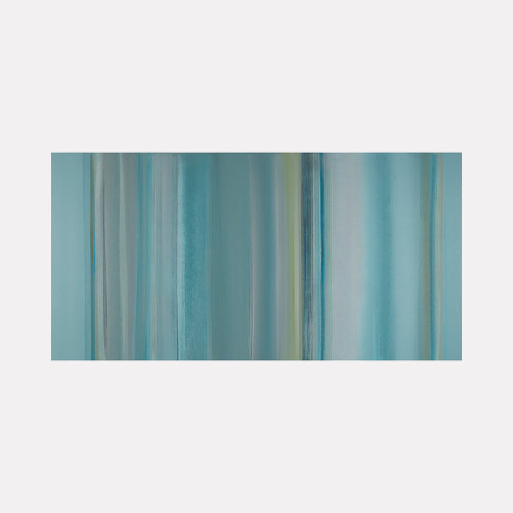 The artwork "Floating World 24" by Willy Bo Richardson features an abstract composition of vertical stripes and gradients in varying shades of blue and teal with subtle hints of green and gray. The smooth layering and soft transitions evoke serene landscapes and echo the minimalist abstraction found in works by Agnes Martin and Mark Rothko.