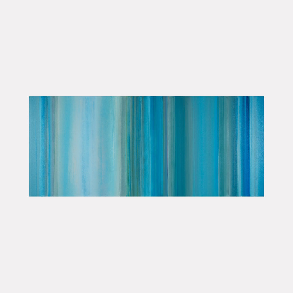 The artwork "Floating World 25" by Willy Bo Richardson features a large abstract landscape composed of vertical stripes in varying shades of blue with subtle gradients and textured layering. The smooth transitions and serene color palette evoke the meditative qualities of Agnes Martin’s minimalist grids and Mark Rothko’s color field paintings.