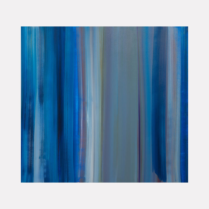 The artwork "Still Sound 2" by Willy Bo Richardson features an abstract composition of vertical bands in varying shades of deep and muted blues, with subtle gradients and textured layering. The cool, flowing brushstrokes evoke a meditative landscape quality reminiscent of Mark Rothko’s color fields and Agnes Martin’s serene minimalism.