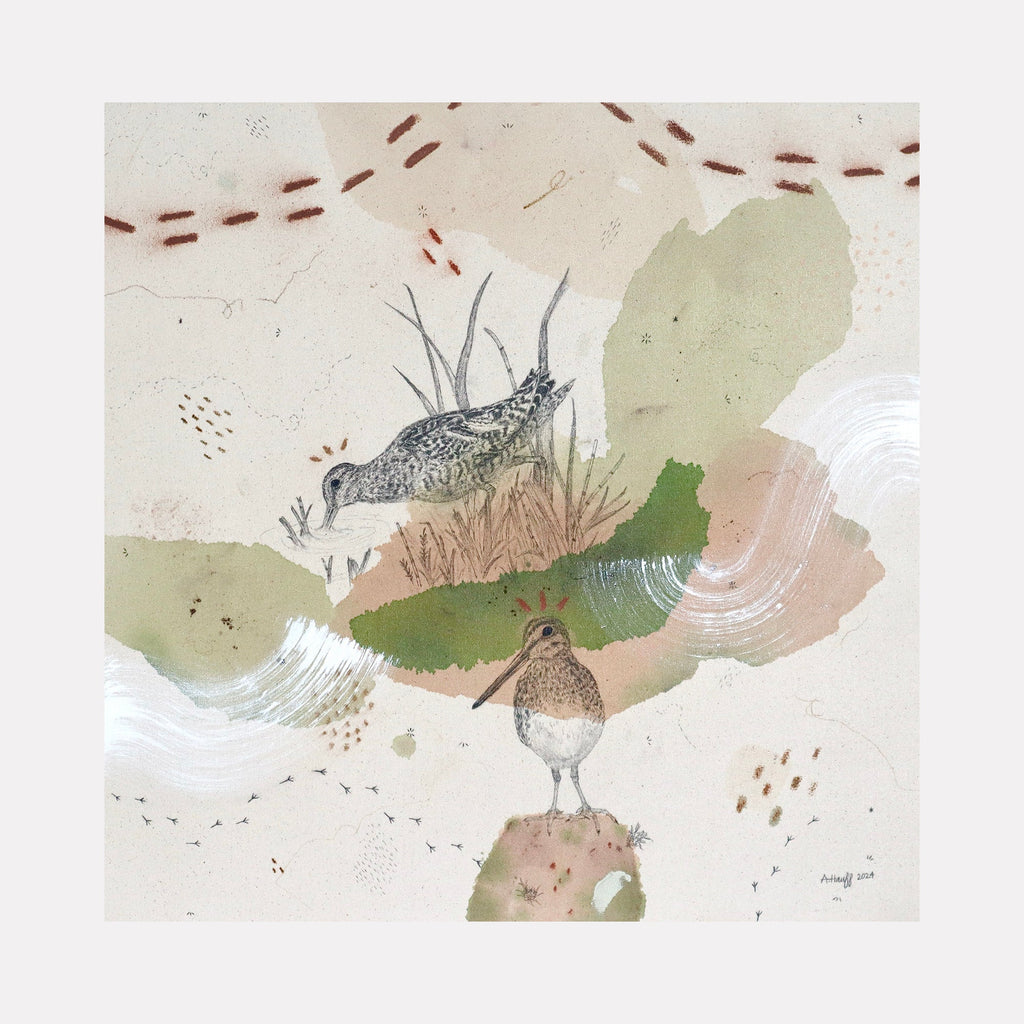 The artwork "Wilson's Snipe, the Real Deal" features two intricately detailed snipe birds set against a textured background of muted earth tones, greens, and soft whites. Abstract shapes and brushstrokes create a natural, layered landscape effect with a delicate, hand-painted style. By Alicia Hauff.