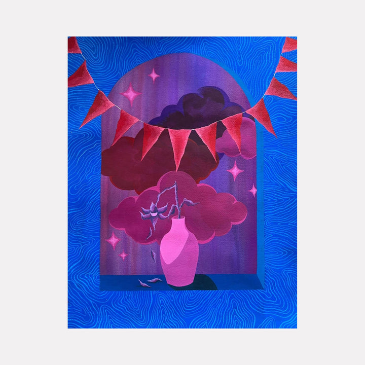 The artwork "Wilt" features a vibrant composition with a pink vase holding wilting flowers set against a deep purple and magenta cloud-filled background, framed by a blue textured arch. Red triangular bunting adds contrast, creating a surreal, dreamy atmosphere. The piece blends abstract and illustrative styles by Tyler Sorgman.