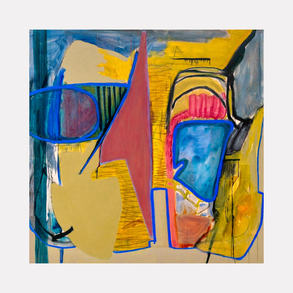 Blameless as Daylight by Gail Winbury features an abstract fusion of geometric shapes and bold lines with a vivid palette of blues, yellows, reds, and earthy tones. The layered textures and dynamic angles create an intriguing interplay of contrast and harmony, evoking a lively and contemplative visual rhythm.