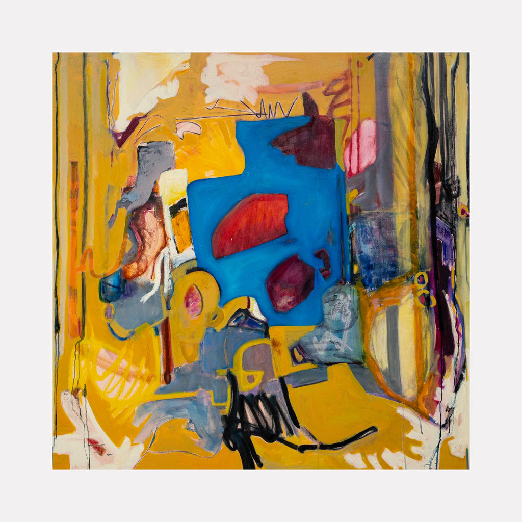 Luminous and Hushed by Gail Winbury features vibrant, layered abstract forms in bold yellows, deep blues, and earthy reds. The dynamic composition blends flowing shapes with textured brushstrokes, creating an energetic yet contemplative atmosphere that draws the viewer into a rich interplay of color and movement.