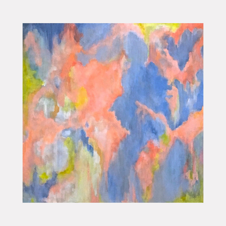 The artwork "Wings Of An Angel" by Benna Holden showcases an abstract composition with soft, flowing shapes in pastel hues of peach, blue, green, and yellow. The texture appears smooth with blended brushstrokes reminiscent of impressionist styles, evoking a calm, ethereal atmosphere similar to works by J.M.W. Turner and Claude Monet.