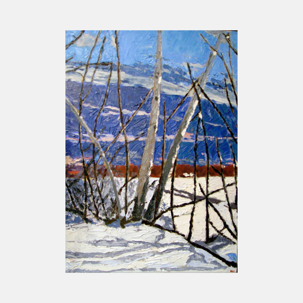 The artwork "Winter Solstice" depicts a textured winter landscape with bare trees and snow-covered ground, rendered in thick, expressive brushstrokes reminiscent of Vincent van Gogh’s impasto technique. The vibrant blue sky contrasts with the white snow and dark tree branches, evoking a serene yet dynamic scene. Robert Dec.
