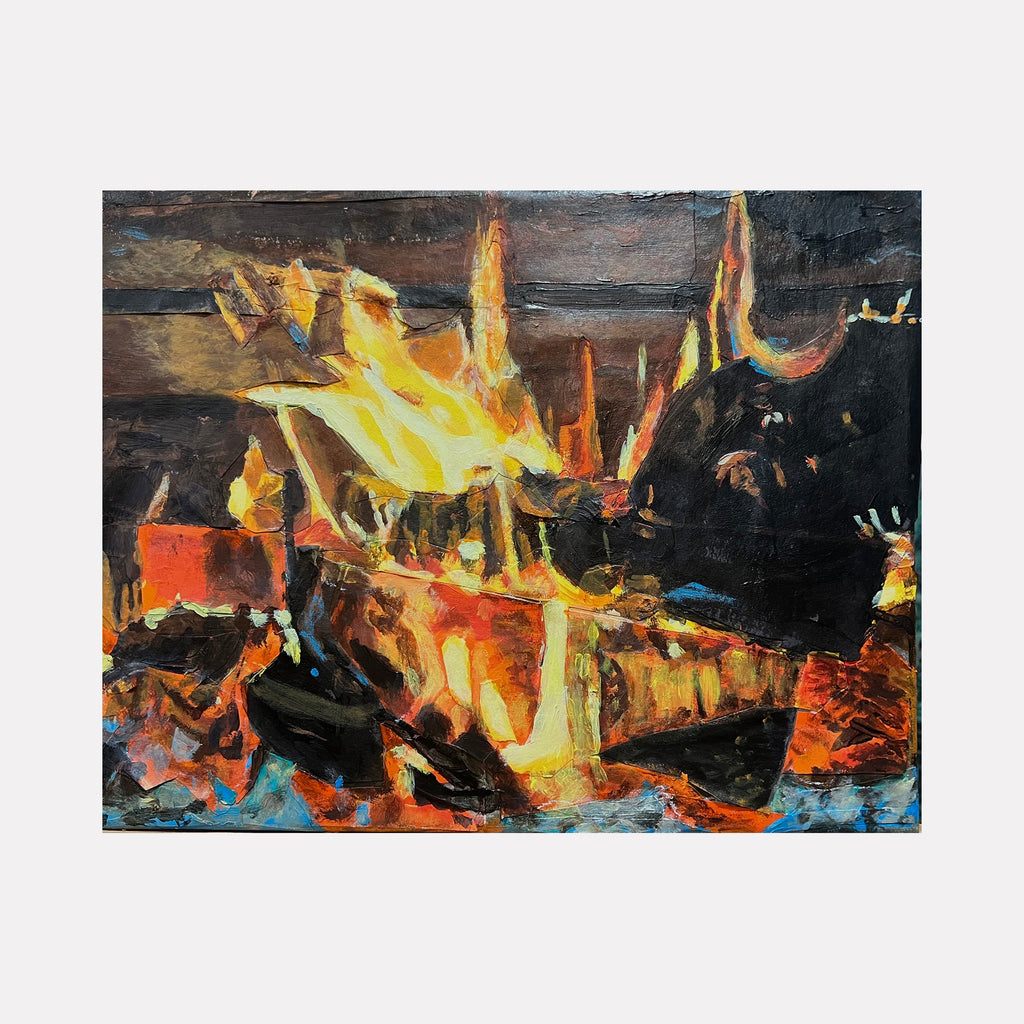The artwork "Winter Warmth" features an abstract depiction of a vibrant fire with intense yellow, orange, and red flames surrounded by dark and textured shapes that evoke warmth and energy. The style recalls the expressive brushwork of artists like J.M.W. Turner and the vivid color contrasts of Vincent van Gogh. By Robert Dec.